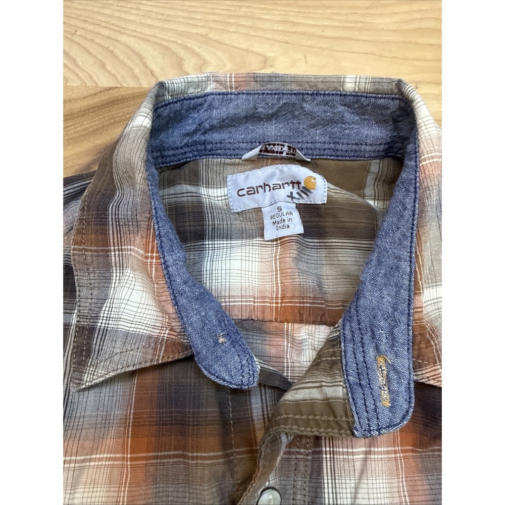 Carhartt 104143 Mens Bozeman Long Sleeve Brown Plaid Shirt Pearl Snap Size Small - Picture 2 of 5